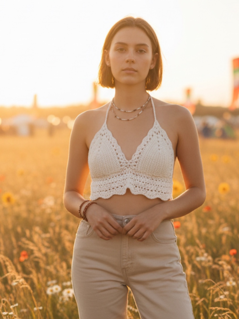 Boho Crochet Halter Top soft white tie back, size XS/S